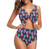 Pineapples pattern zigzag background Chest Bowknot High Waisted Bikini Swimsuit