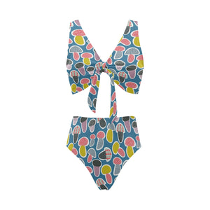 Colorful mushroom design pattern Chest Bowknot High Waisted Bikini Swimsuit