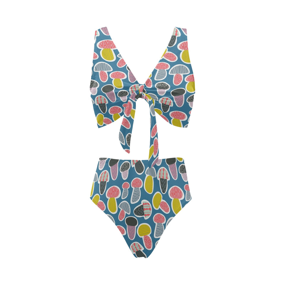 Colorful mushroom design pattern Chest Bowknot High Waisted Bikini Swimsuit