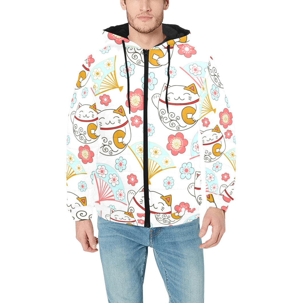 Maneki neko cat fan sakura Men's Padded Hooded Jacket