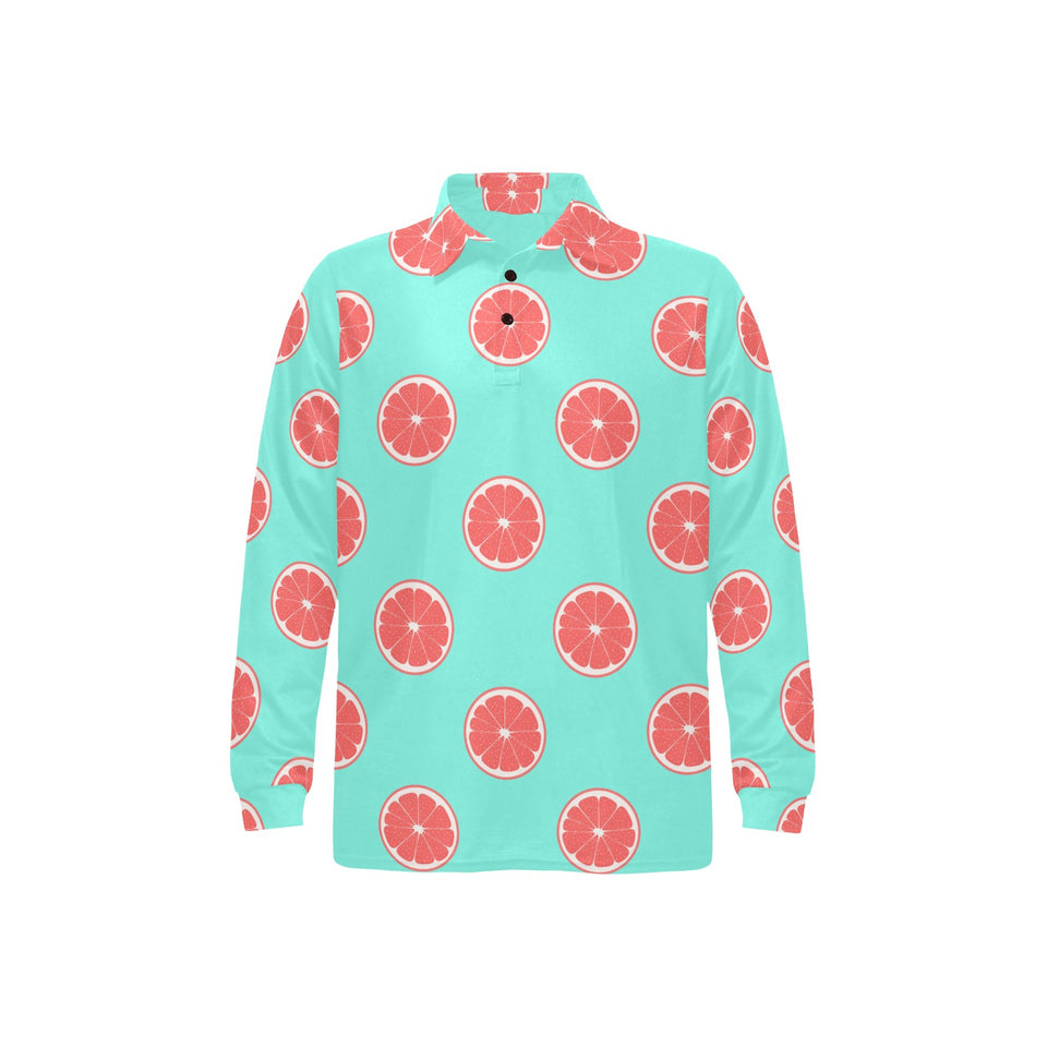 Grapefruit green background Men's Long Sleeve Polo Shirt
