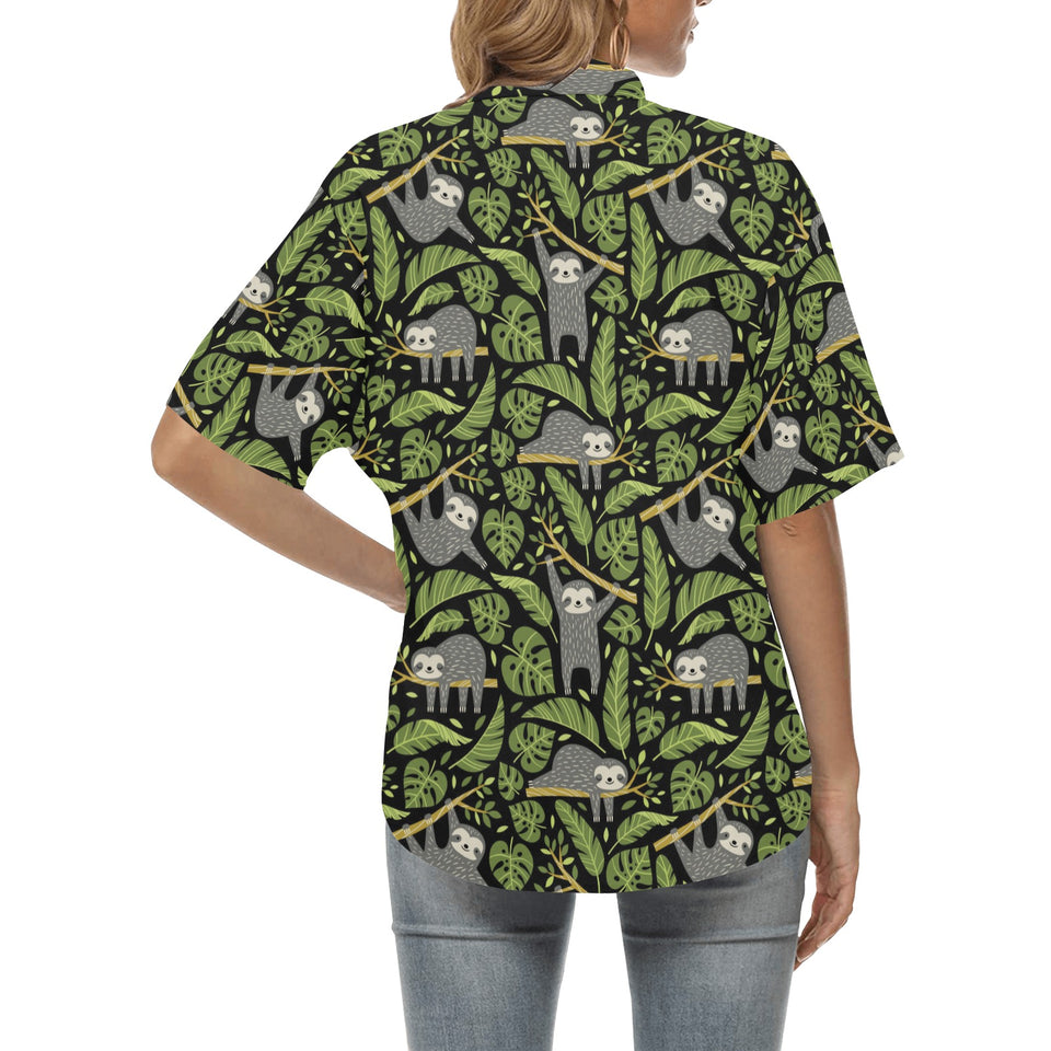 Cute sloths tropical palm leaves black background Women's All Over Print Hawaiian Shirt