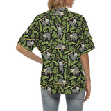 Cute sloths tropical palm leaves black background Women's All Over Print Hawaiian Shirt