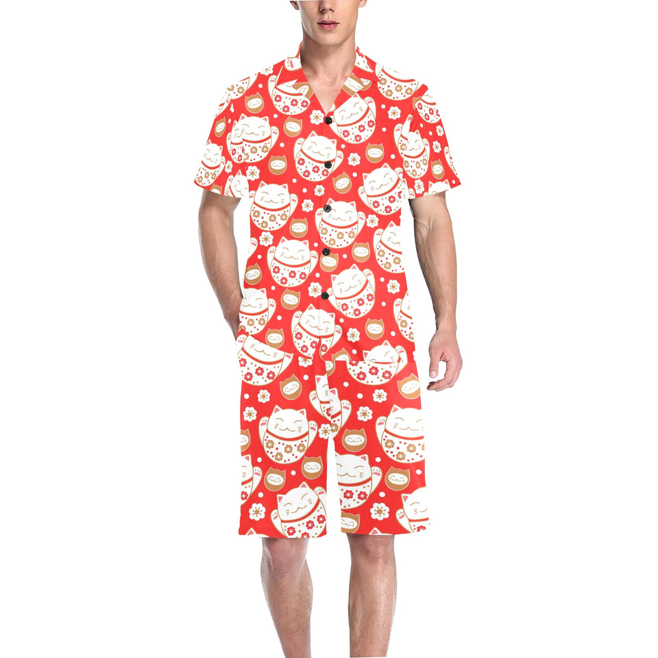 Cute Maneki neko cat red background Men's V-Neck Short Pajama Set