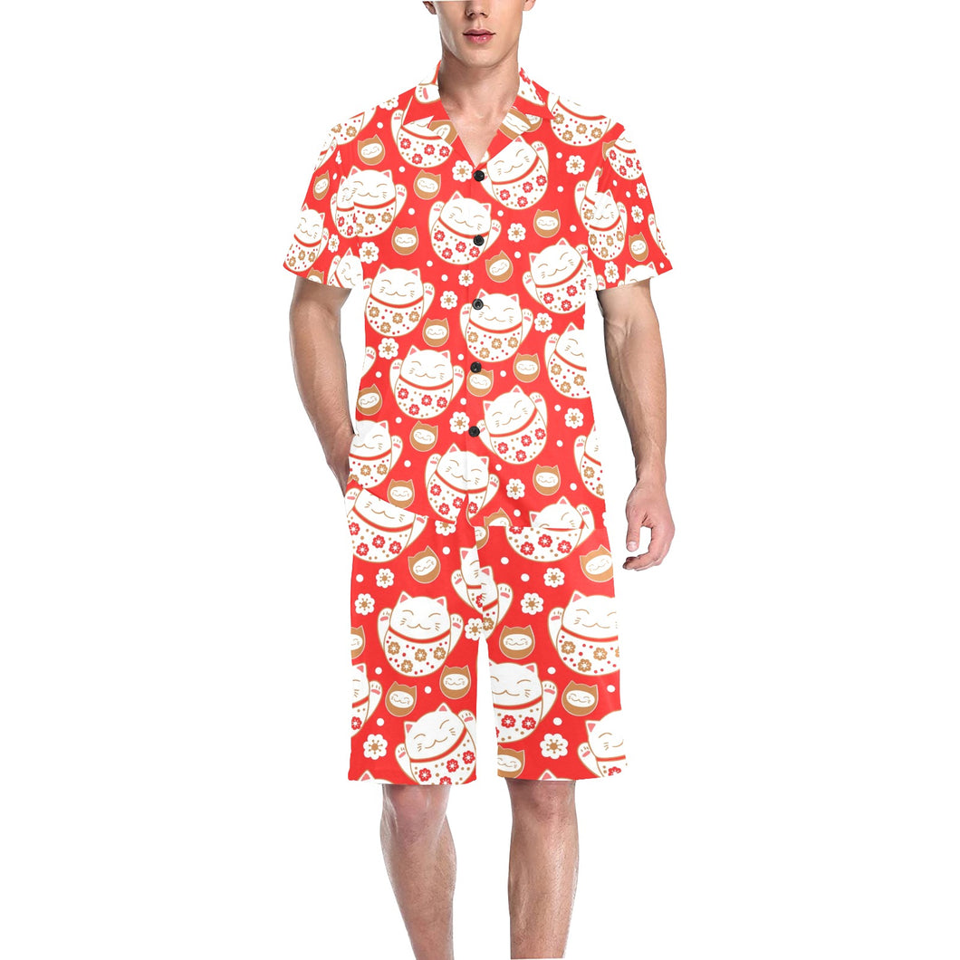 Cute Maneki neko cat red background Men's V-Neck Short Pajama Set