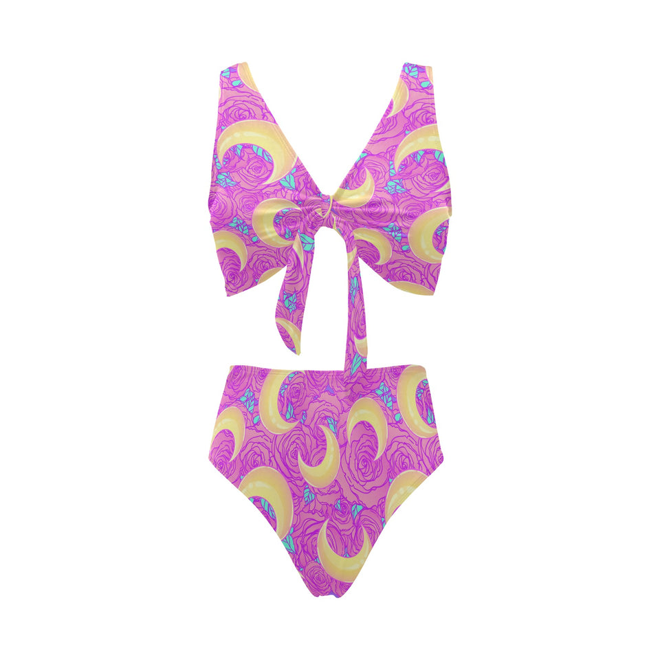 Moon pink rose background Chest Bowknot High Waisted Bikini Swimsuit