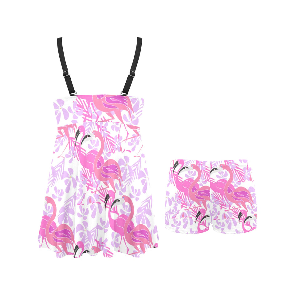 Pink flamingo flower pattern Chest Sexy Pleated Two Piece Swim Dress
