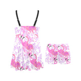 Pink flamingo flower pattern Chest Sexy Pleated Two Piece Swim Dress