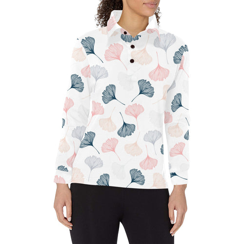 Black Gray Cream coral ginkgo leaves pattern Women's Long Sleeve Polo Shirt
