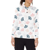 Black Gray Cream coral ginkgo leaves pattern Women's Long Sleeve Polo Shirt