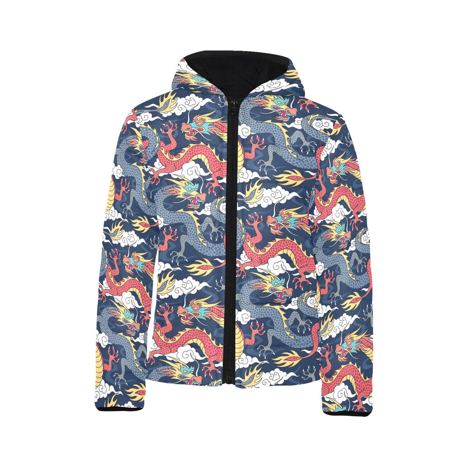Blue red dragon cloud pattern Kids' Boys' Girls' Padded Hooded Jacket