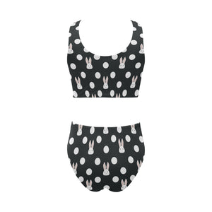 Cute white rabbit polka dots black background Chest Bowknot High Waisted Bikini Swimsuit