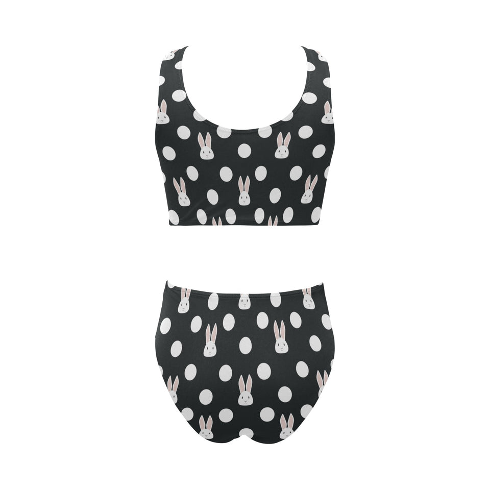 Cute white rabbit polka dots black background Chest Bowknot High Waisted Bikini Swimsuit