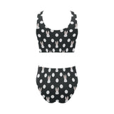 Cute white rabbit polka dots black background Chest Bowknot High Waisted Bikini Swimsuit