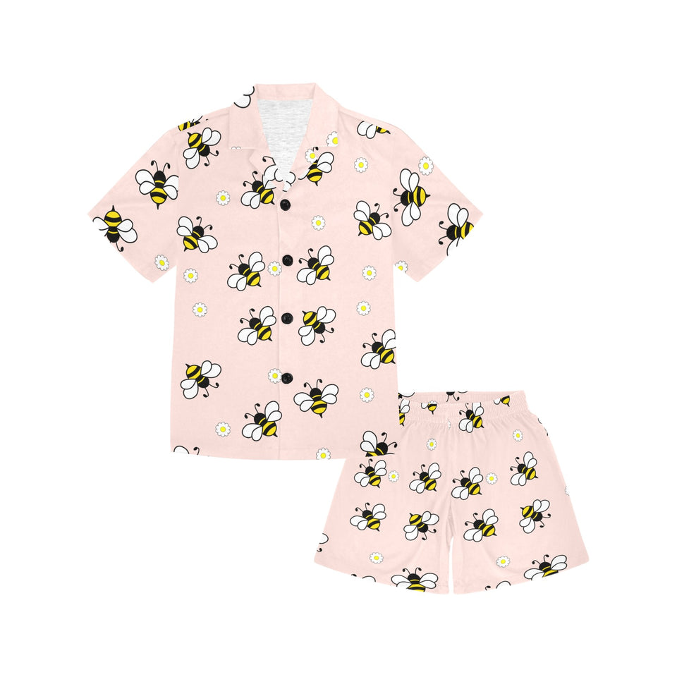 Cute bee flower pattern pink background Kids' Boys' Girls' V-Neck Short Pajama Set