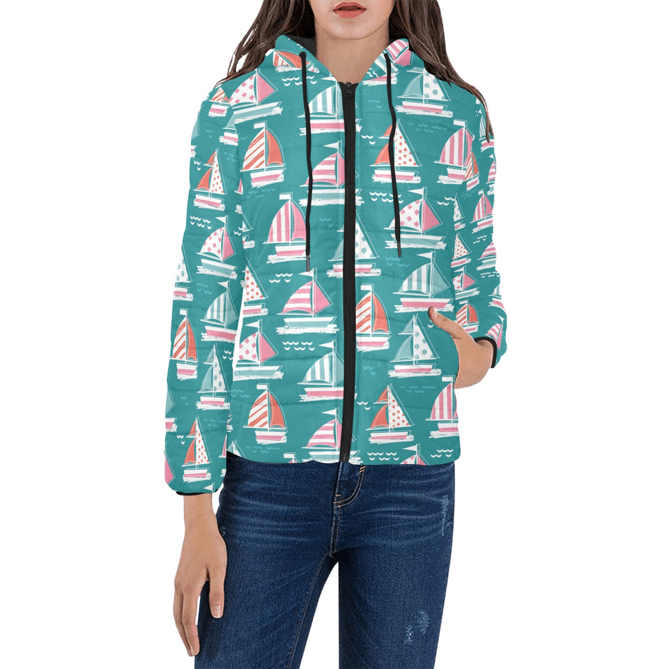 Cute sailboat pattern Women's Padded Hooded Jacket
