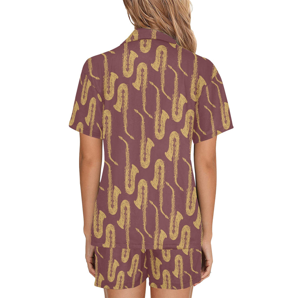 Hand drawn gold saxophone red background Women's V-Neck Short Pajama Set