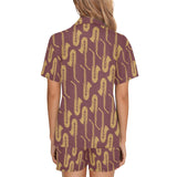 Hand drawn gold saxophone red background Women's V-Neck Short Pajama Set