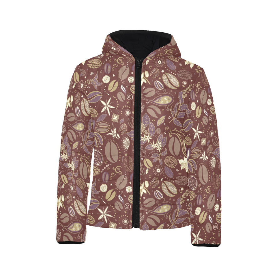 Coffee bean flower pattern Kids' Boys' Girls' Padded Hooded Jacket