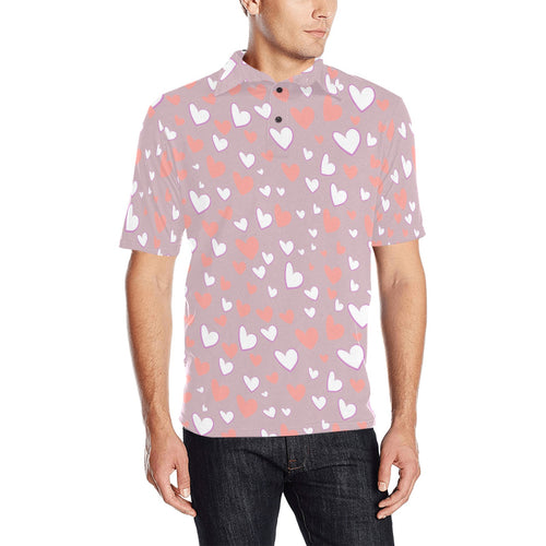 coral white heart pattern Men's All Over Print Polo Shirt