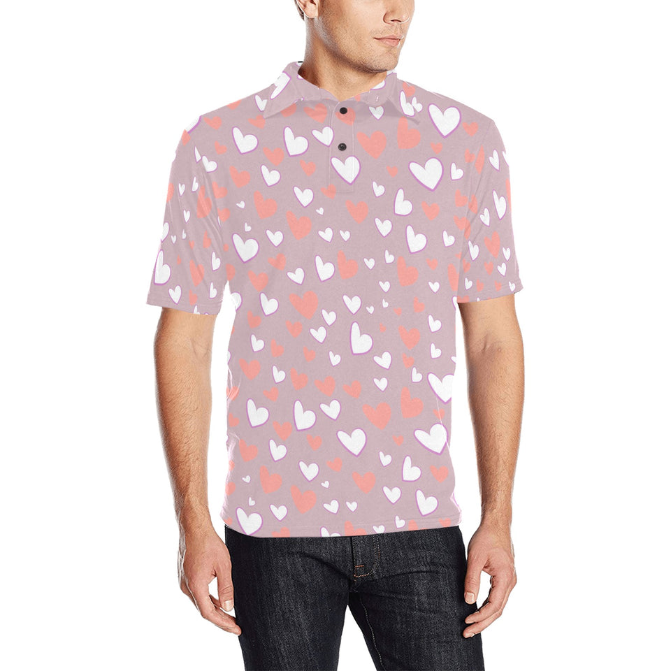 coral white heart pattern Men's All Over Print Polo Shirt