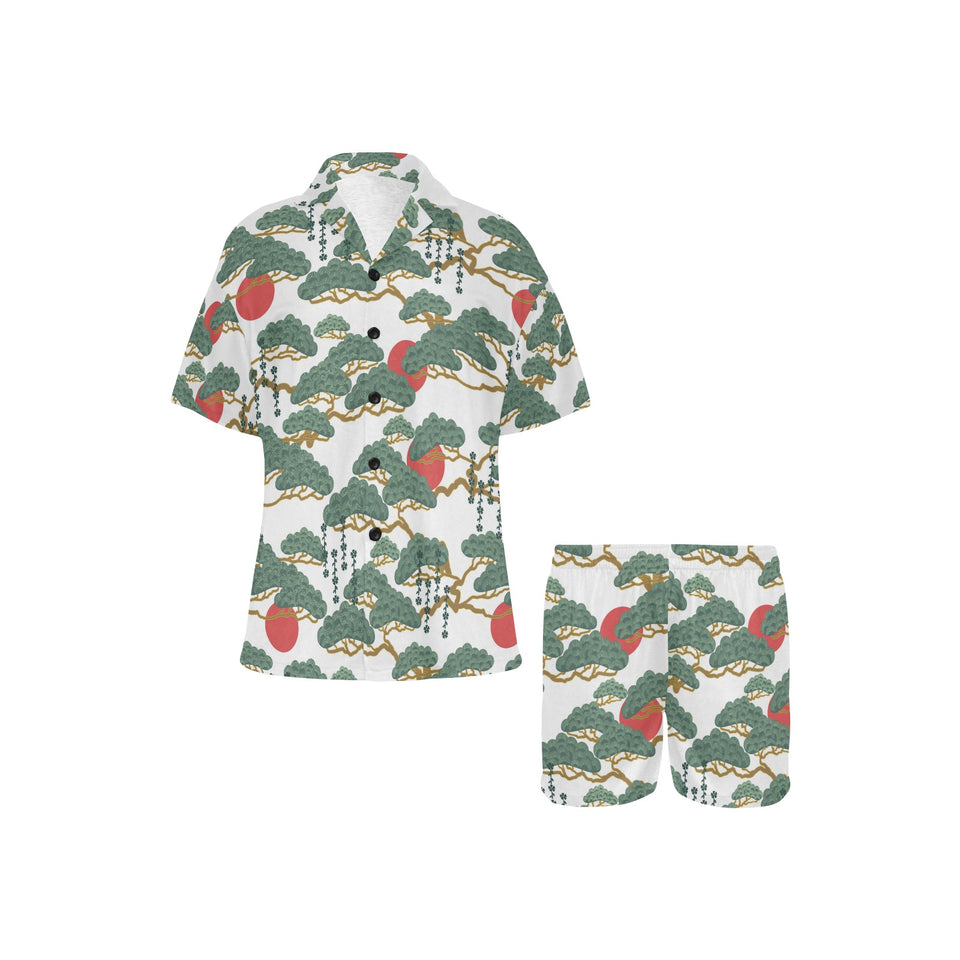 Bonsai red sun japanese pattern Women's V-Neck Short Pajama Set