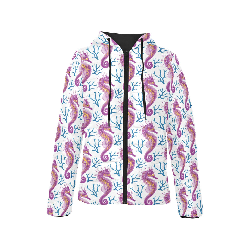 Purple seahorse blue coral pattern Women's Padded Hooded Jacket