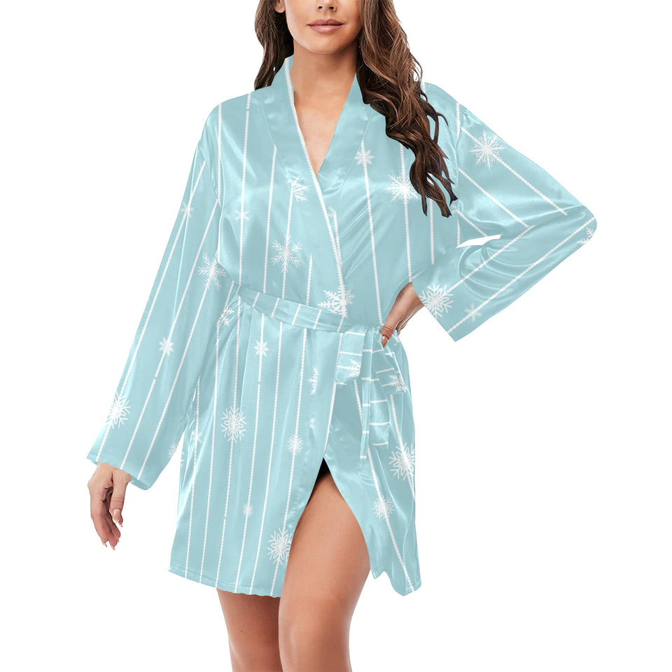 Snowflake pattern blue stripe background Women's Long Sleeve Belted Night Robe