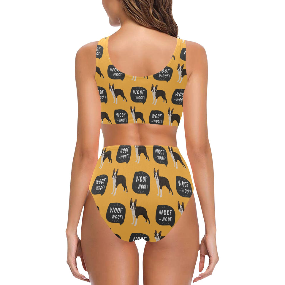 Boston terrier design pattern Chest Bowknot High Waisted Bikini Swimsuit