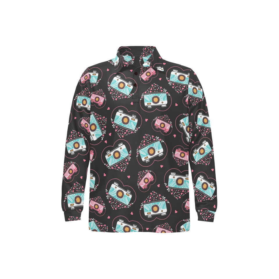 Camera Pattern Print Design 04 Men's Long Sleeve Polo Shirt