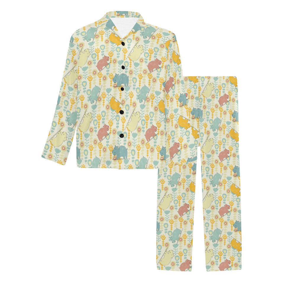 Hippopotamus Pattern Print Design 04 Men's Long Pajama Set