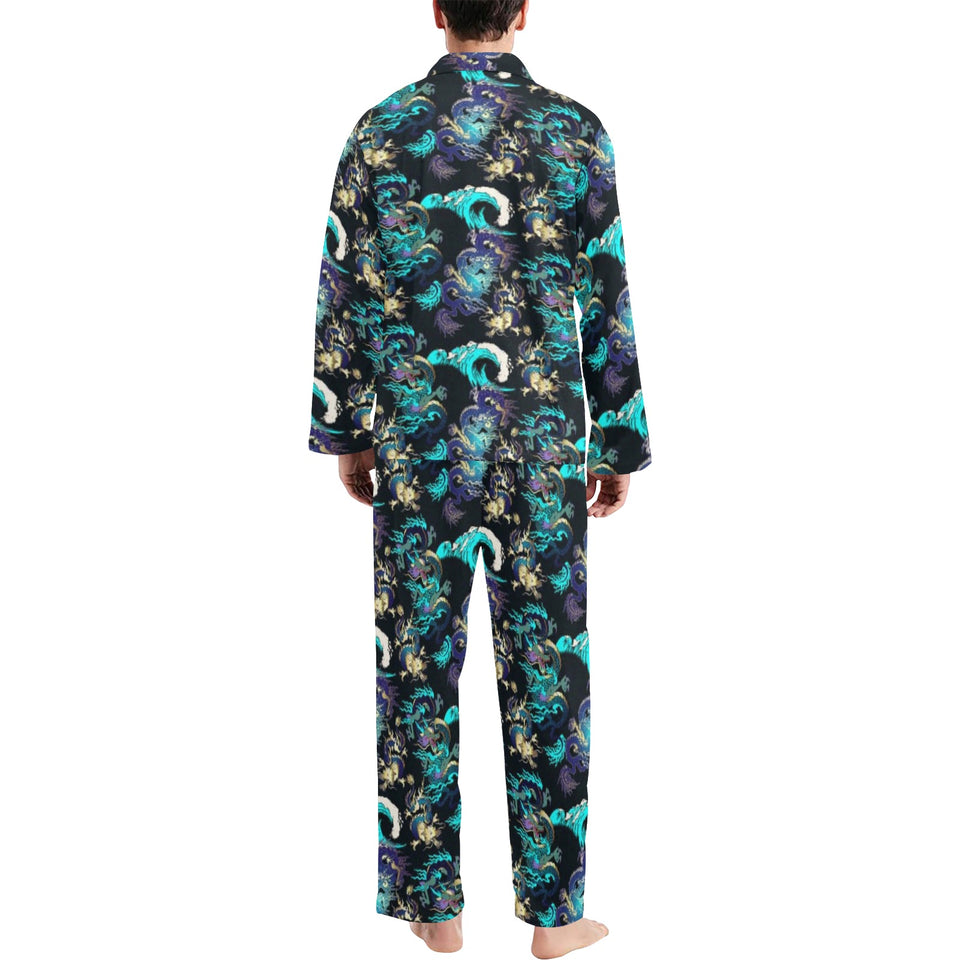 Dragon sea wave pattern Men's Long Pajama Set