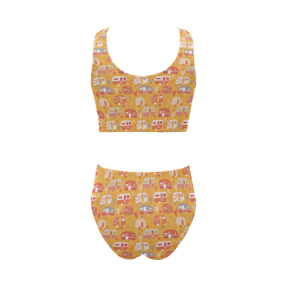 Camper Van Pattern Print Design 04 Chest Bowknot High Waisted Bikini Swimsuit