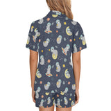 Cute sloth astronaut star planet rocket pattern Women's V-Neck Short Pajama Set