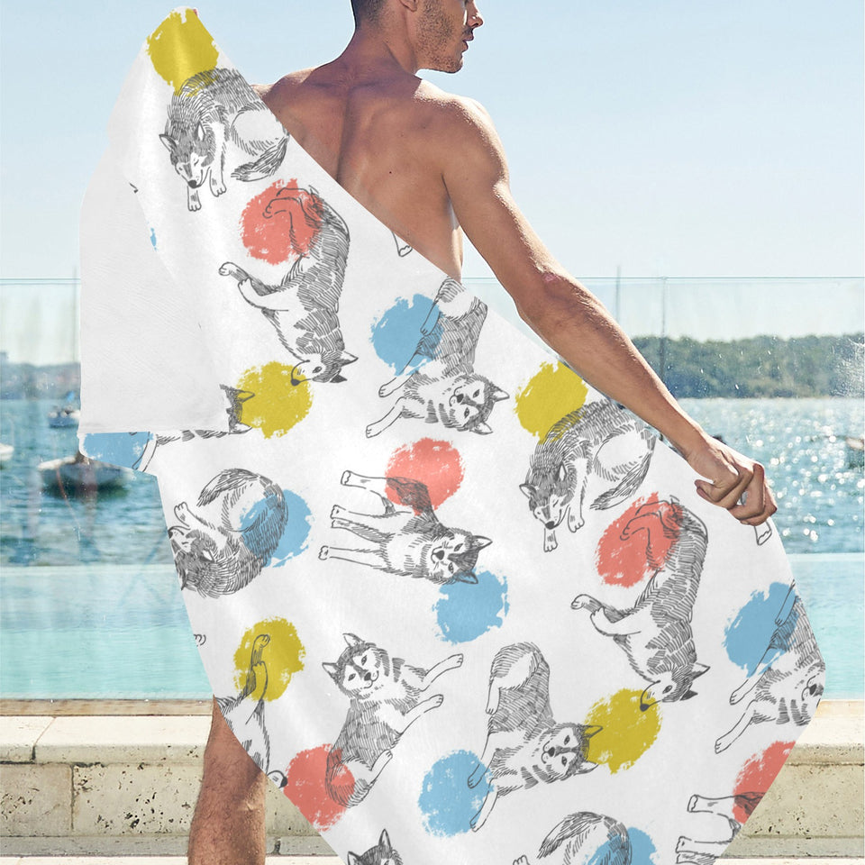 Siberian husky and colorful circle pattern Beach Towel