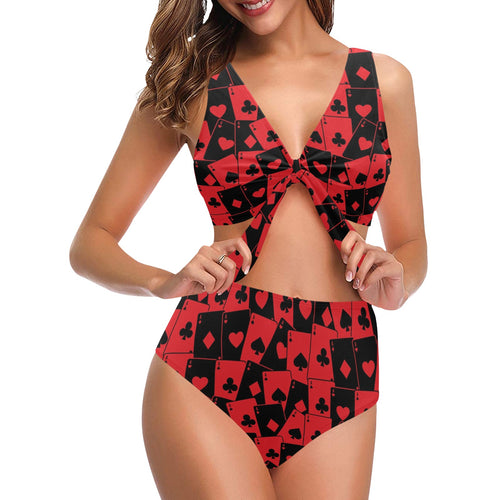 Casino Cards Suits Pattern Print Design 02 Chest Bowknot High Waisted Bikini Swimsuit