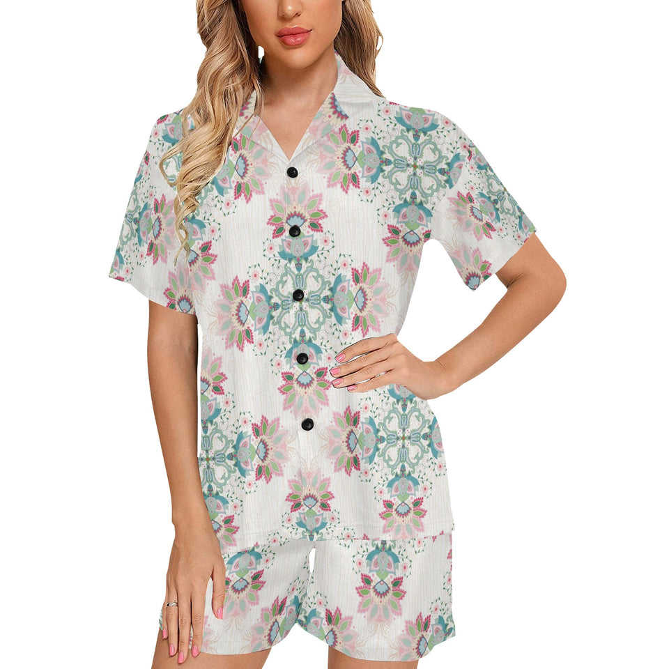 Square floral indian flower pattern Women's V-Neck Short Pajama Set