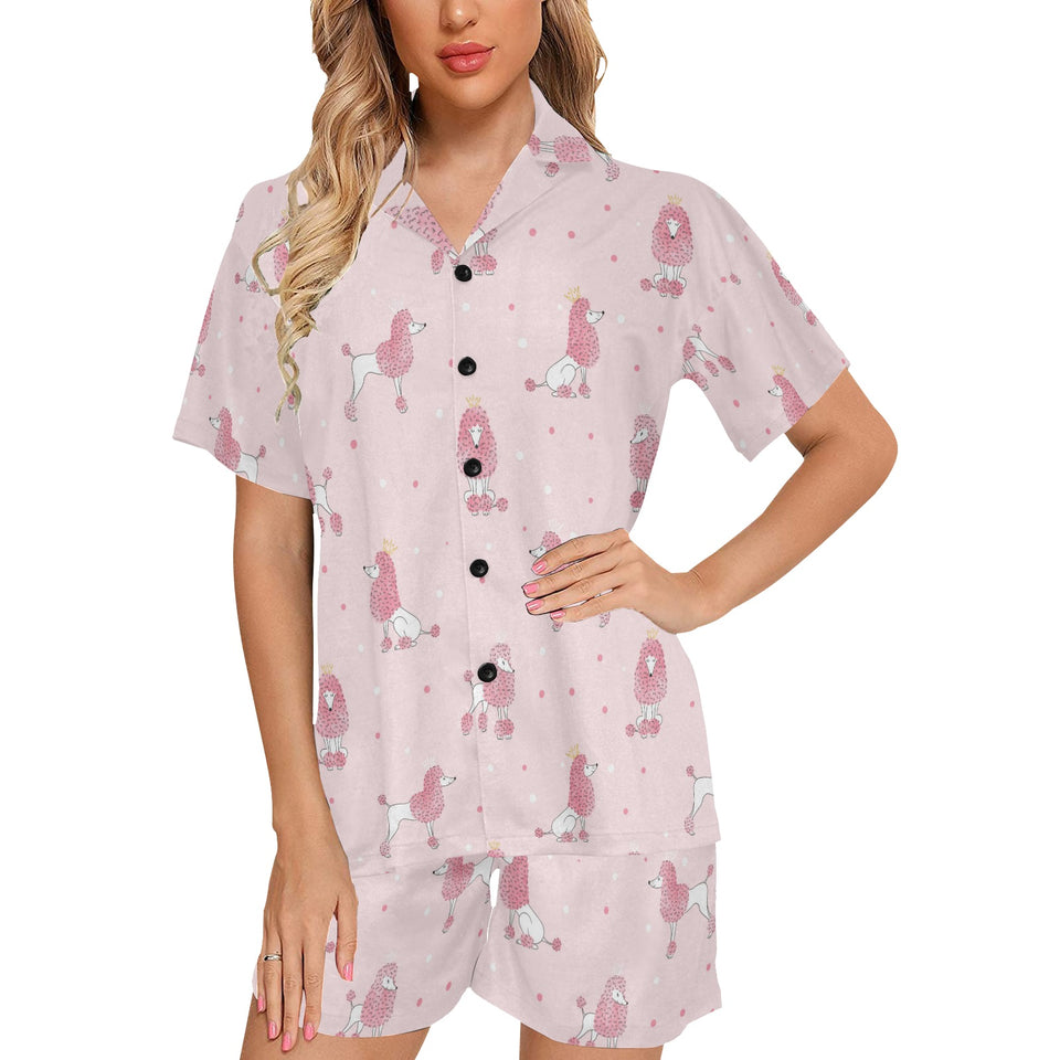 Poodle dog pink color theme Women's V-Neck Short Pajama Set
