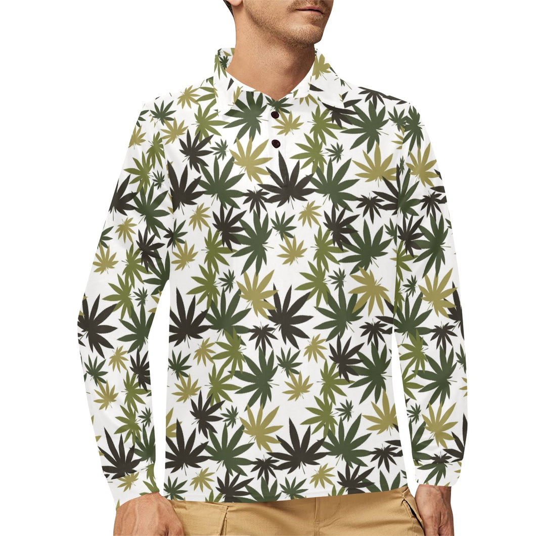 Canabis Marijuana Weed Pattern Print Design 05 Men's Long Sleeve Polo Shirt