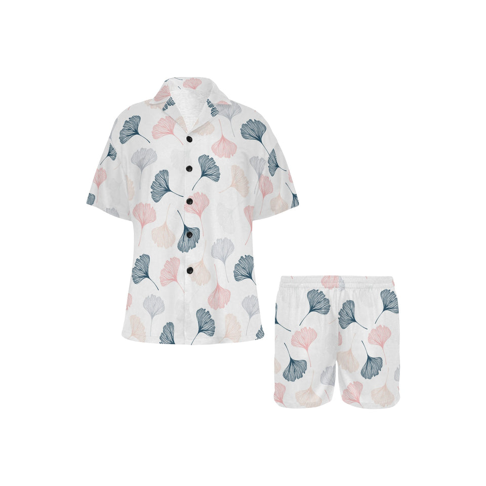 Black Gray Cream coral ginkgo leaves pattern Women's V-Neck Short Pajama Set
