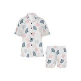 Black Gray Cream coral ginkgo leaves pattern Women's V-Neck Short Pajama Set