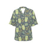 Cute owls leaves pattern Women's All Over Print Hawaiian Shirt