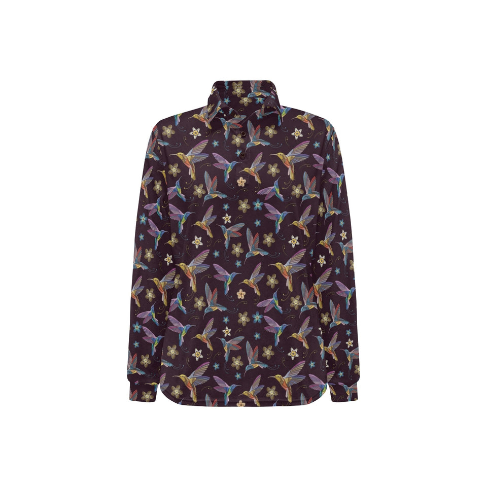 Hummingbird Pattern Print Design 04 Women's Long Sleeve Polo Shirt