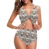 Happy pug pattern Chest Bowknot High Waisted Bikini Swimsuit