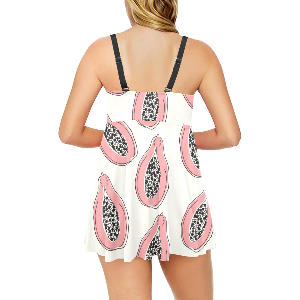 papaya pattern Chest Sexy Pleated Two Piece Swim Dress