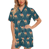 Camel pattern blue blackground Women's V-Neck Short Pajama Set