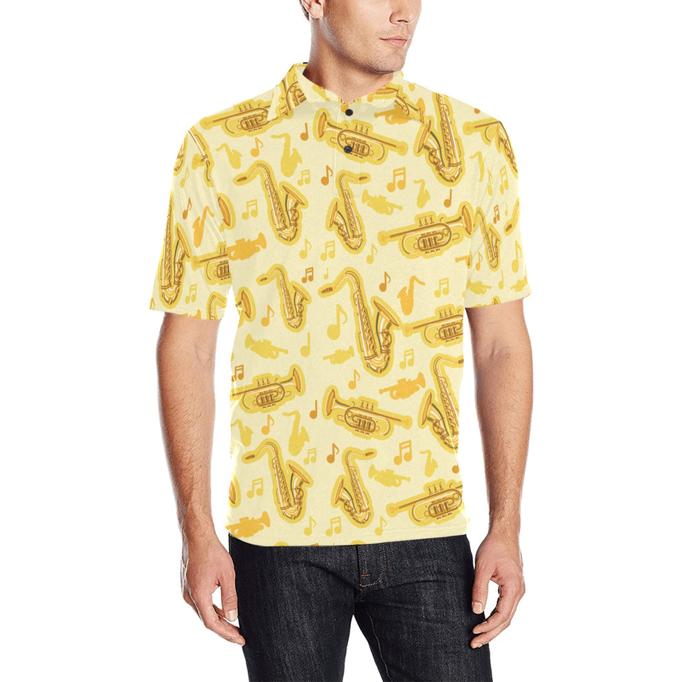 Saxophone cornet pattern yellow background Men's All Over Print Polo Shirt