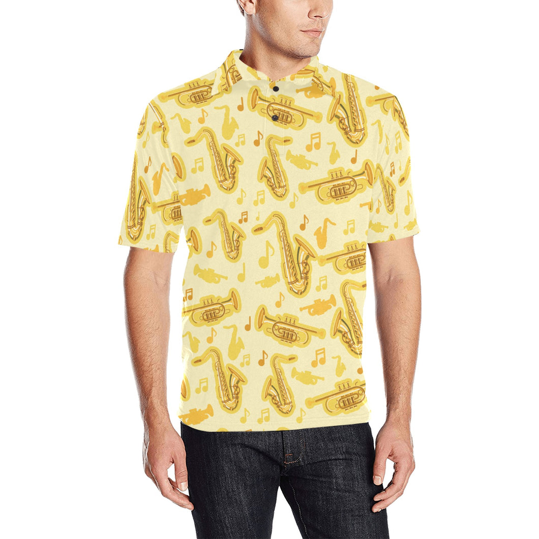 Saxophone cornet pattern yellow background Men's All Over Print Polo Shirt