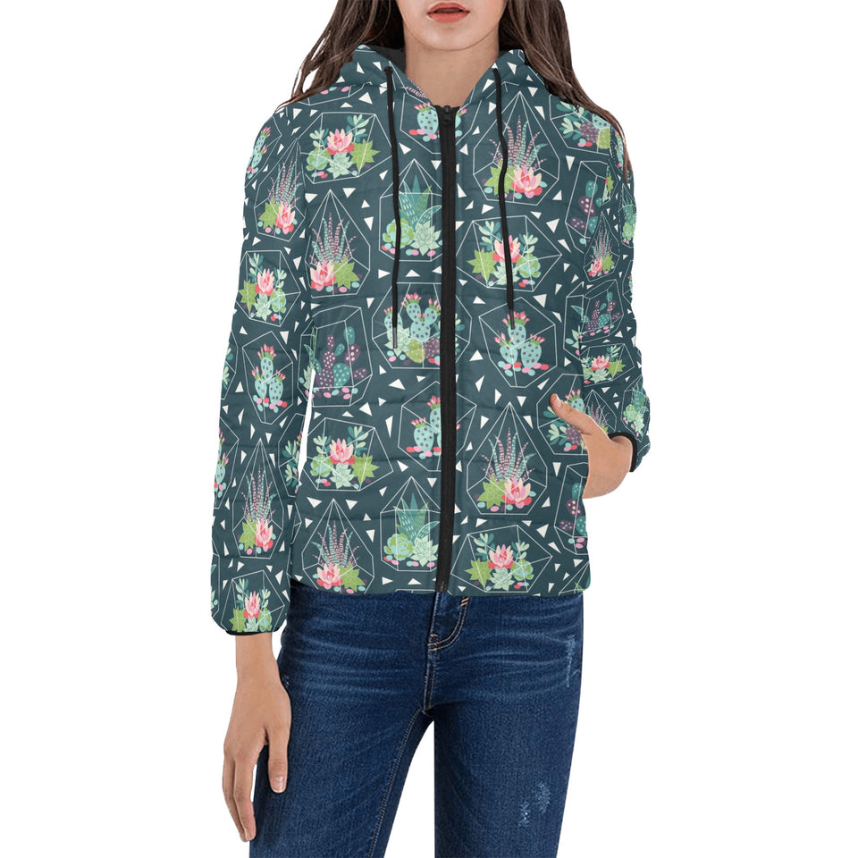 Cactus glass terrarium pattern Women's Padded Hooded Jacket