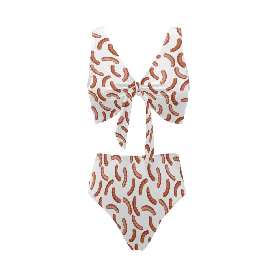 Sausage Pattern Print Design 04 Chest Bowknot High Waisted Bikini Swimsuit